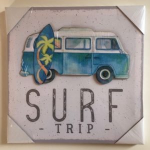 Vintage VW Bus Bulli Keilrahmen Bild mit blauen Surfboard